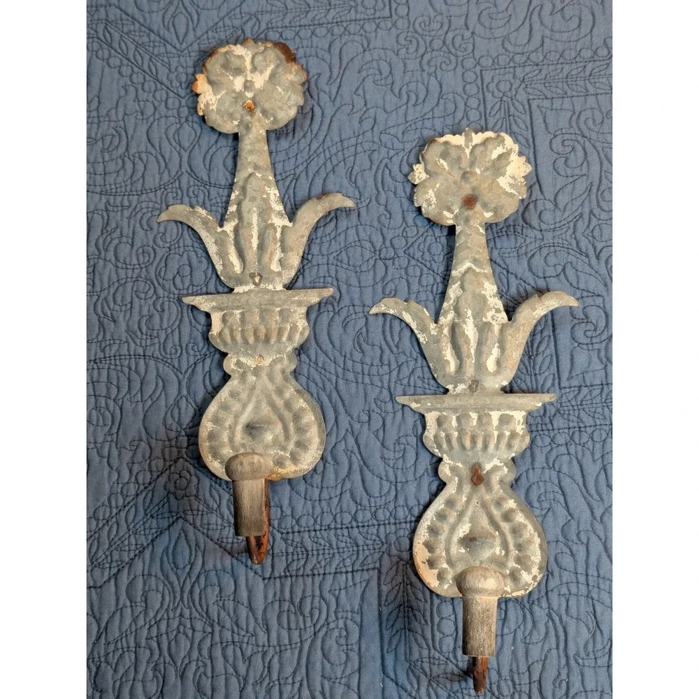 Vintage Embossed Tin Wall Hooks Pair Floral French Country Farmhouse Shabby Chic